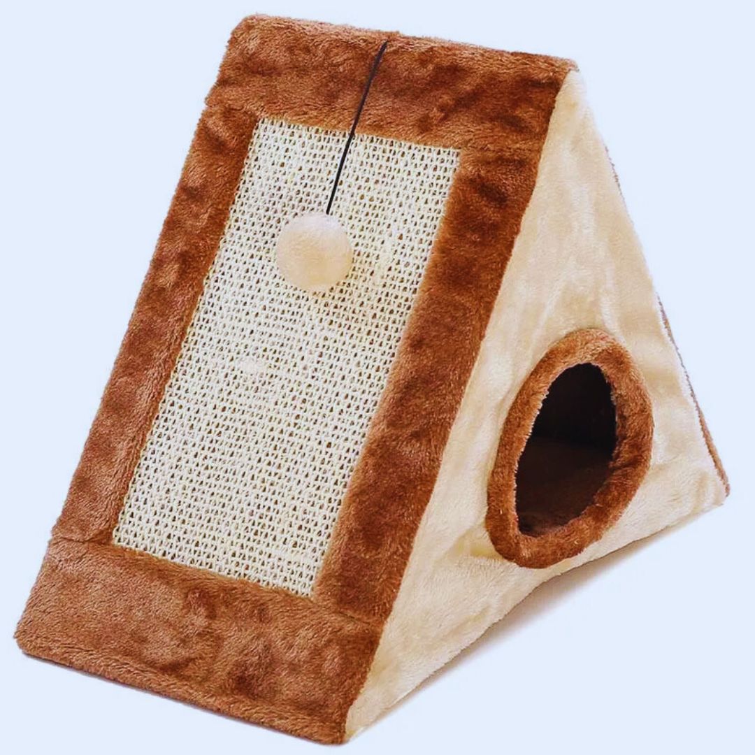 Katzenhaus in Zeltform mit Kratzfläche und Spielball für Drinnen