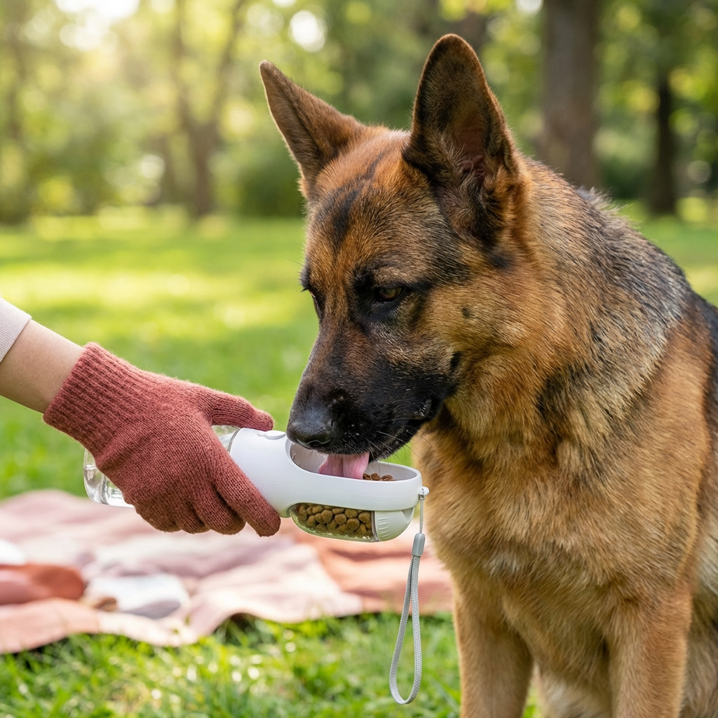 3-in-1 Hunde Trinkflasche – Wasserflasche mit Futterbehälter für unterwegs