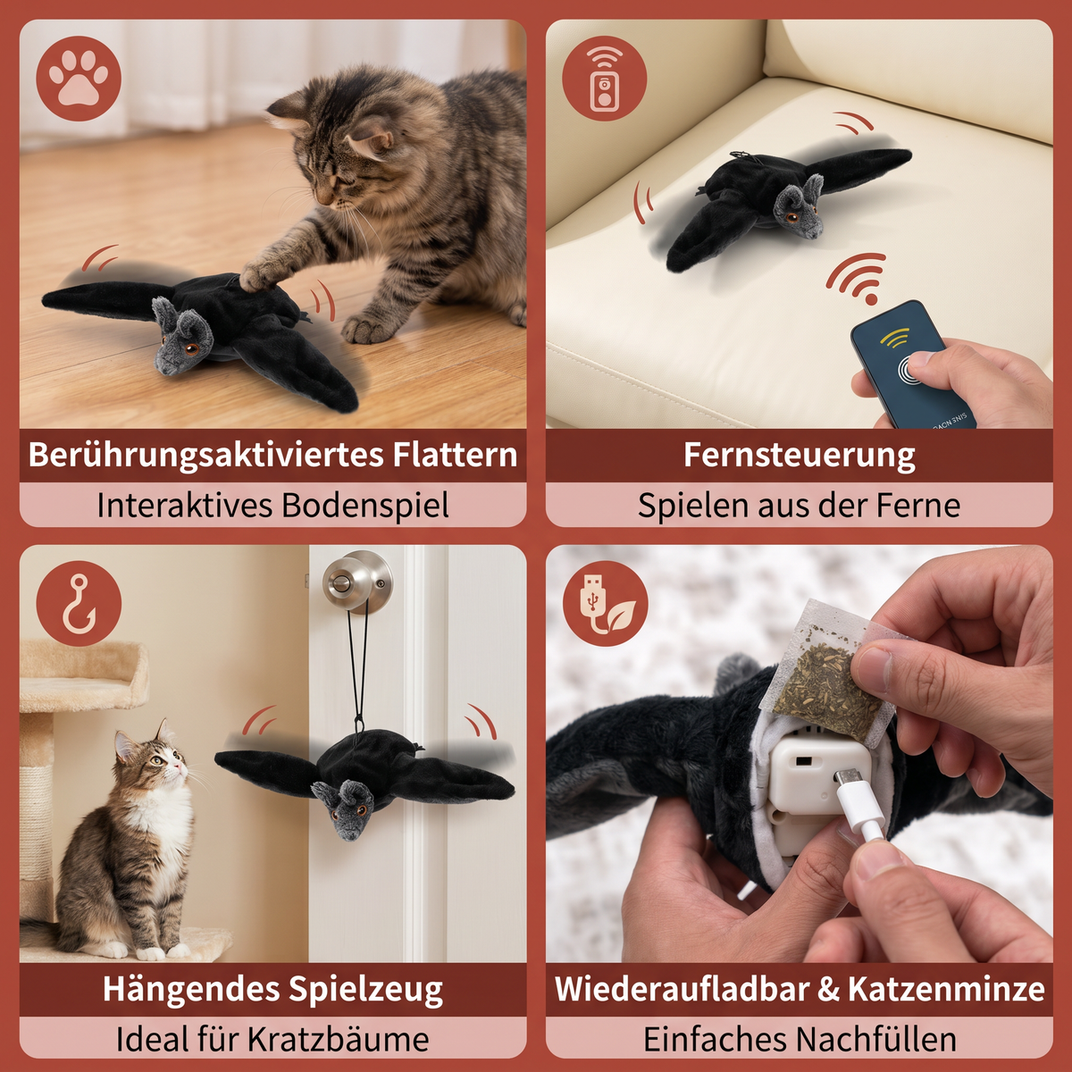 Berührungsgesteuertes Fledermaus-Katzenspielzeug zum Flattern mit Katzenminze