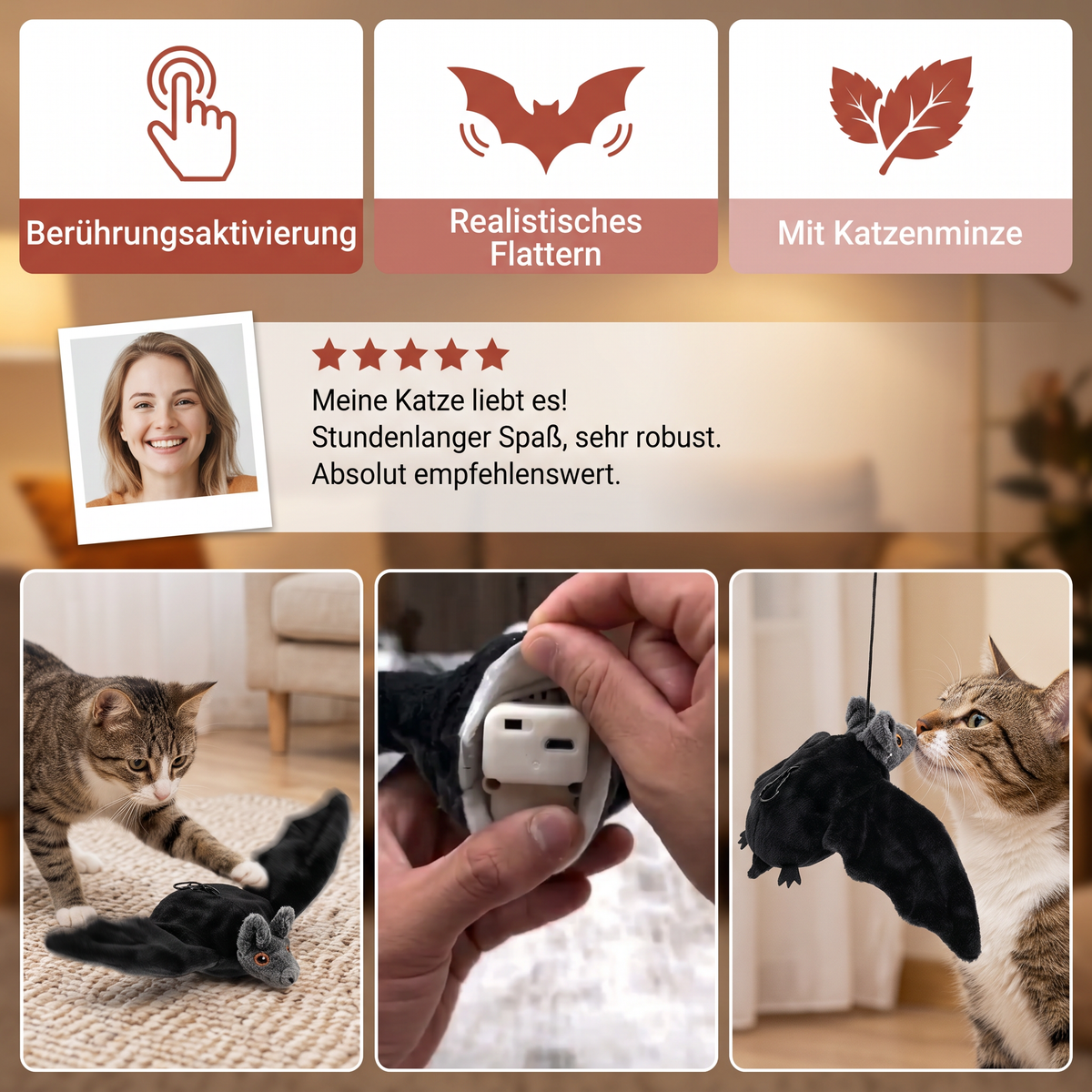 Berührungsgesteuertes Fledermaus-Katzenspielzeug zum Flattern mit Katzenminze