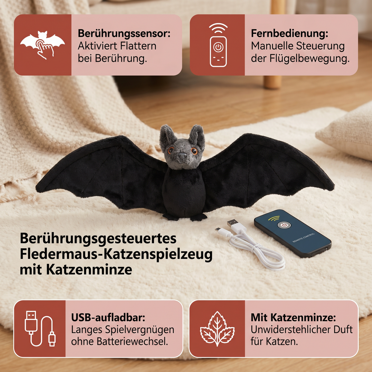 Berührungsgesteuertes Fledermaus-Katzenspielzeug zum Flattern mit Katzenminze