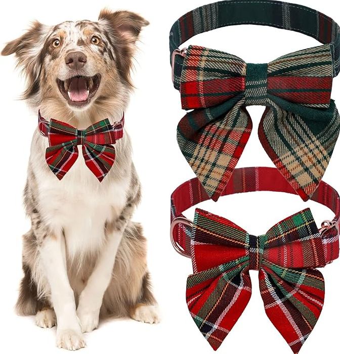 Kariertes Hunde Halsband mit Schleife für Weihnachten und Festliche Anlässe