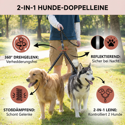 2-in-1 Hunde-Doppelleine mit 360° Drehgelenk – Verhedderungsfrei & Stoßdämpfend