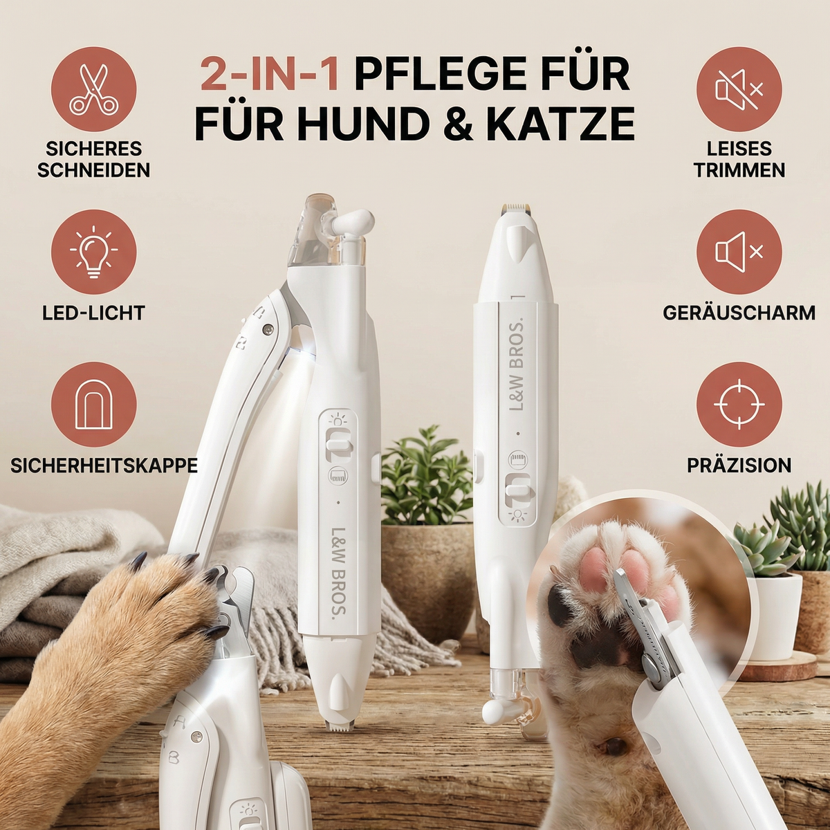 2-in-1 Haustier-Nagelknipser & Trimmer mit LED – Leises Pflegegerät für Hunde & Katzen