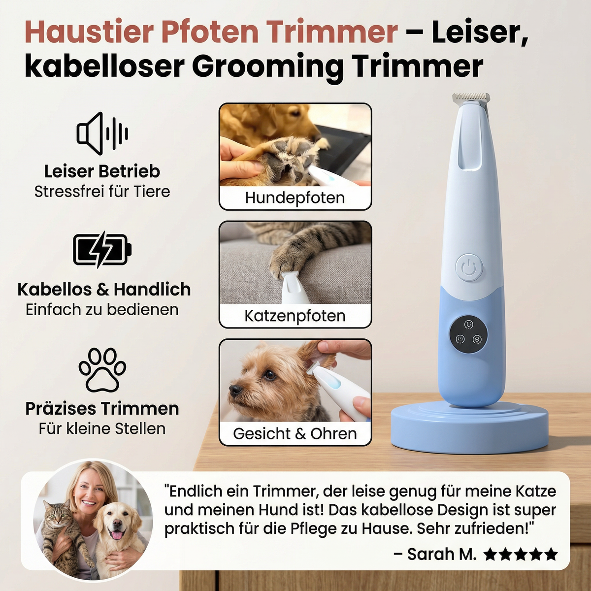 Haustier Pfoten Trimmer – Leiser, kabelloser Grooming Trimmer für Hunde & Katzen