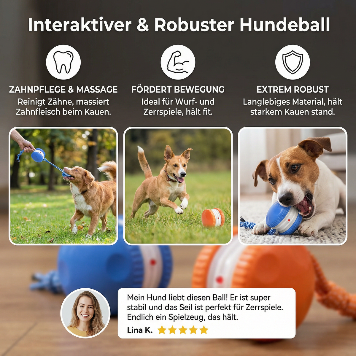 Interaktiver & Robuster Hundeball – Bewegungsspielzeug mit Zugseil in Hundefarben
