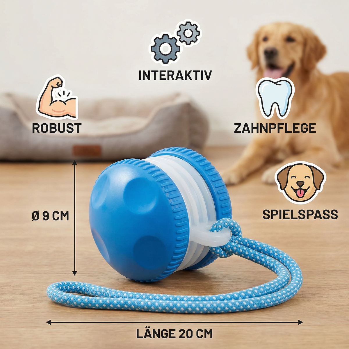 Interaktiver & Robuster Hundeball – Bewegungsspielzeug mit Zugseil in Hundefarben